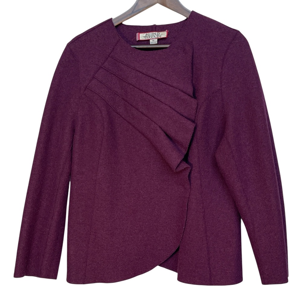 Beyond Threads Alpaca Wool Ruffle Front Jacket Plum Purple XL Made in Peru